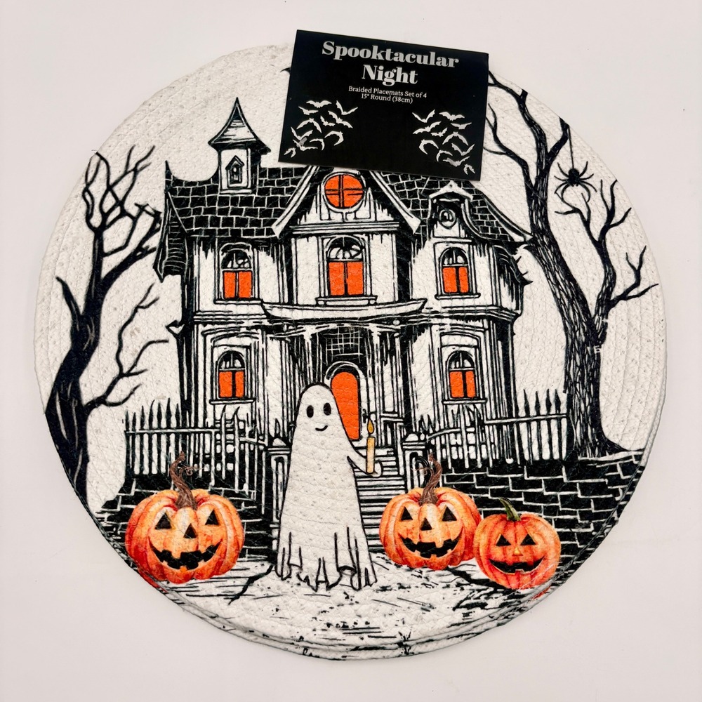 Spooktacular Night Halloween Braided Placemats Set of 4 Haunted House Ghost